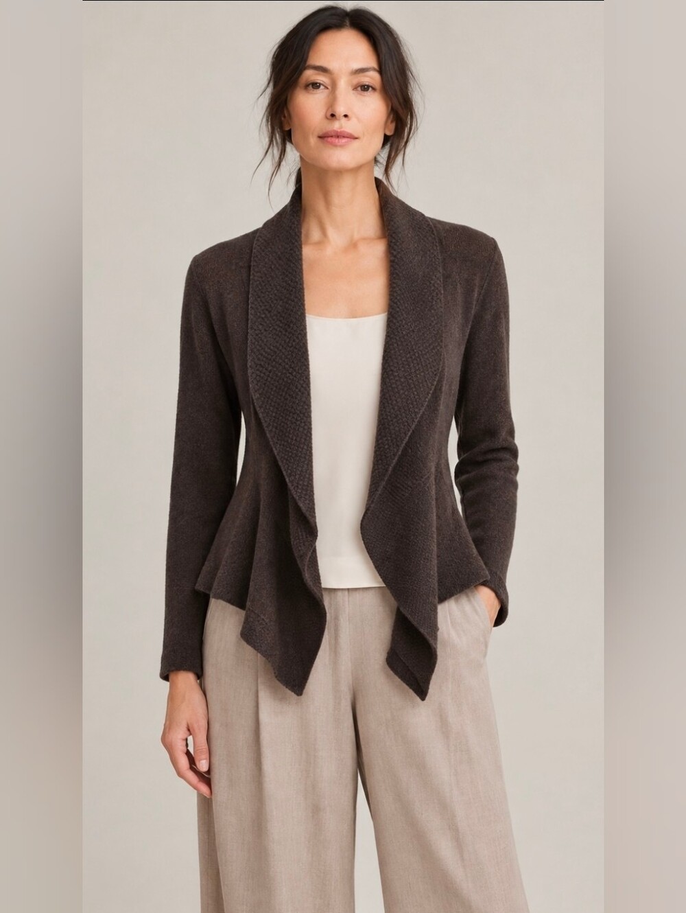 Eileen Fisher 100% Wool Sweater Open Front Waterfall Cardigan Brown Medium